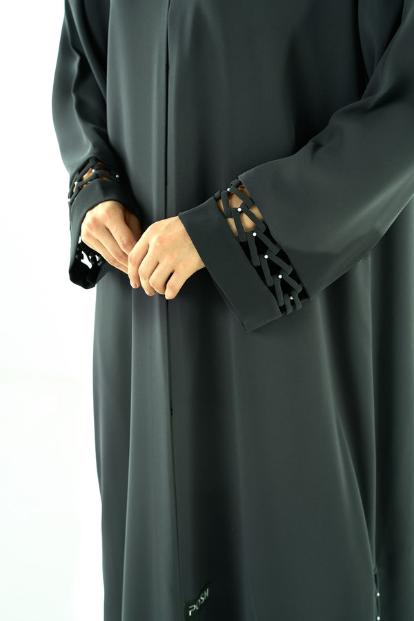 Green Wave Crepe Abaya with Side and Sleeves Loop Detail