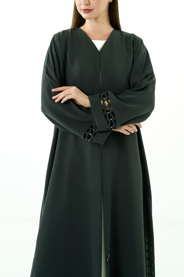Green Wave Crepe Abaya with Side and Sleeves Loop Detail