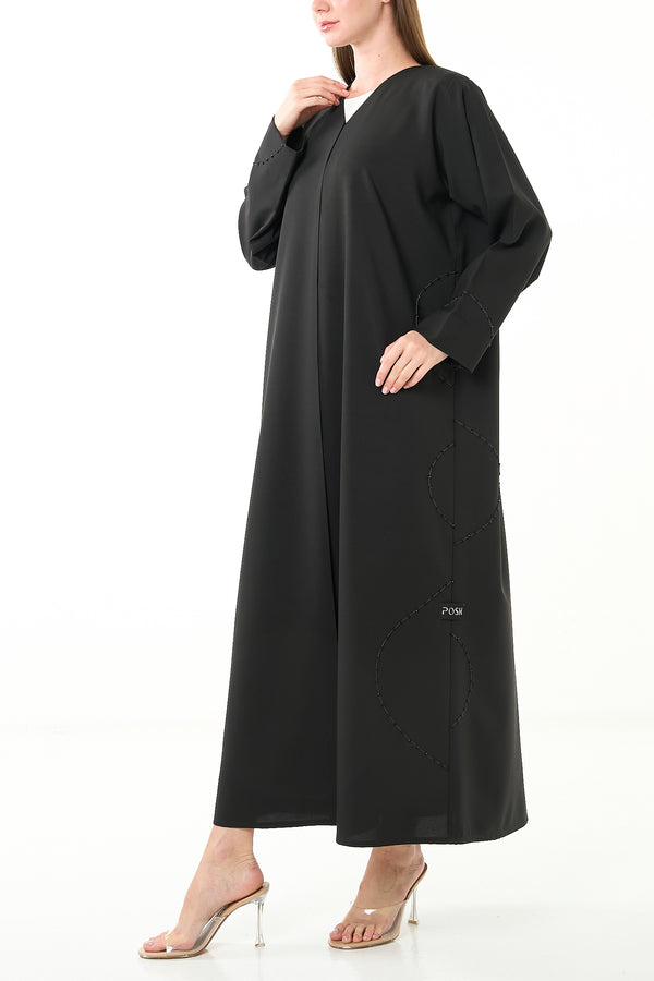 Black Kadi Crepe Abaya with Sleeve & Lower Beadwork