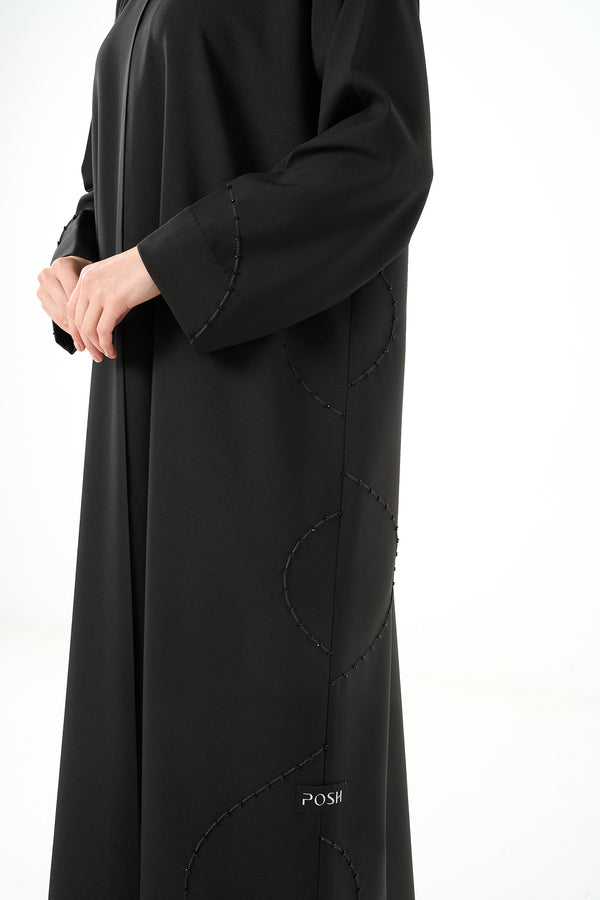 Black Kadi Crepe Abaya with Sleeve & Lower Beadwork