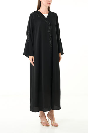 Black Luma Crepe Custom Abaya with Klosh Cut and Front Beadwork Detail