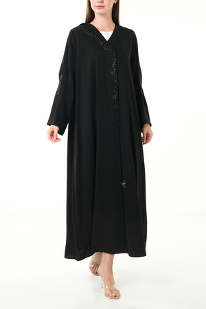 Black Luma Crepe Custom Abaya with Klosh Cut and Front Beadwork Detail