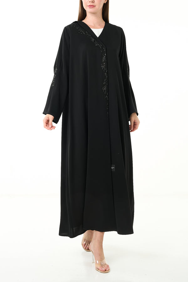 Black Luma Crepe Custom Abaya with Klosh Cut and Front Beadwork Detail