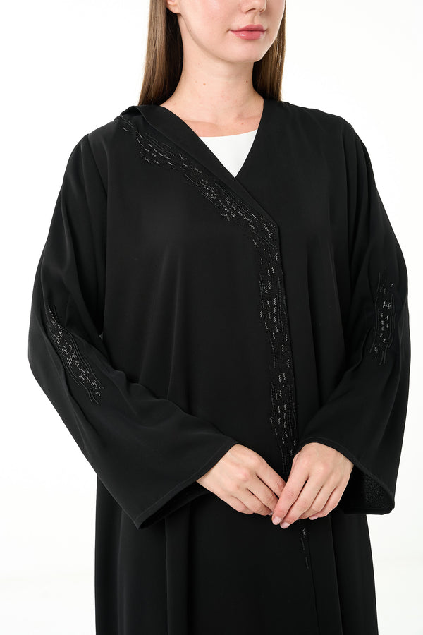 Black Luma Crepe Custom Abaya with Klosh Cut and Front Beadwork Detail