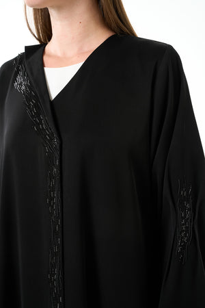 Black Luma Crepe Custom Abaya with Klosh Cut and Front Beadwork Detail
