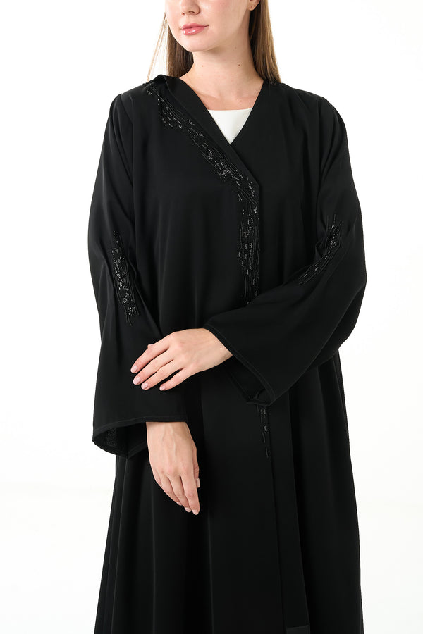 Black Luma Crepe Custom Abaya with Klosh Cut and Front Beadwork Detail
