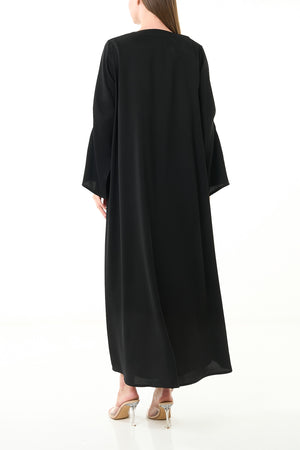 Black Luma Crepe Custom Abaya with Klosh Cut and Front Beadwork Detail