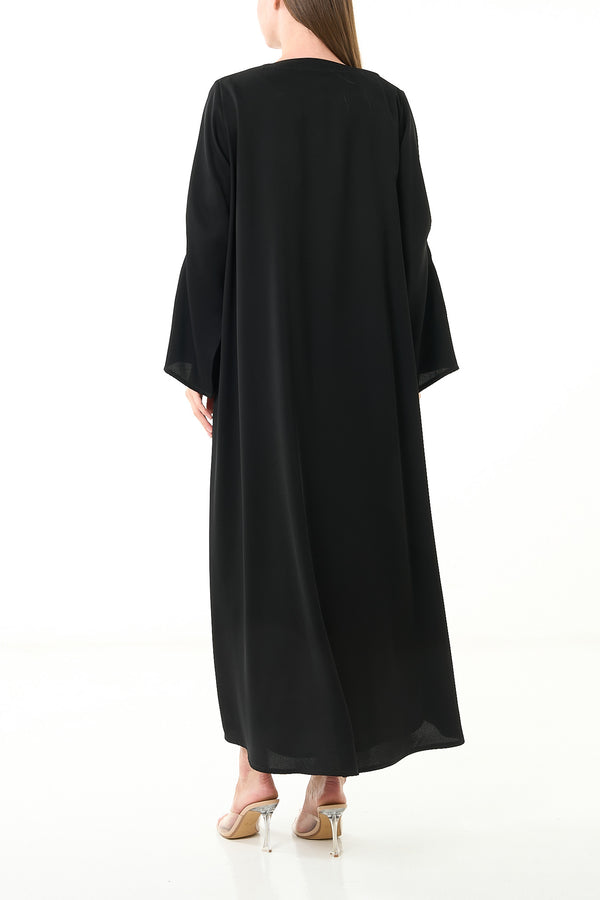 Black Luma Crepe Custom Abaya with Klosh Cut and Front Beadwork Detail