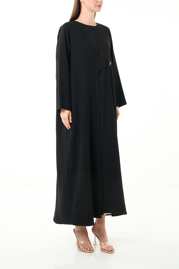 Black Farah Crepe Custom Abaya with Asymmetrical Closure