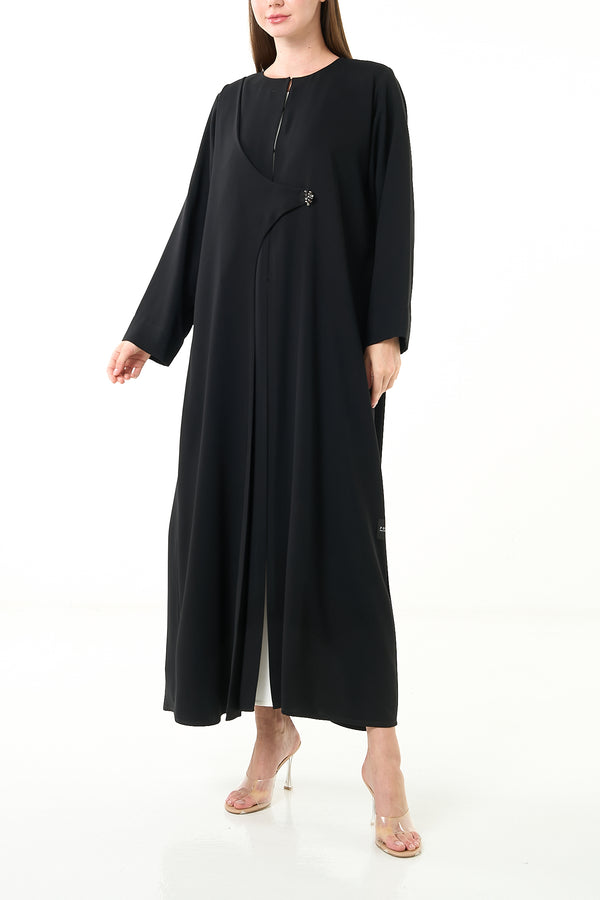 Black Farah Crepe Custom Abaya with Asymmetrical Closure