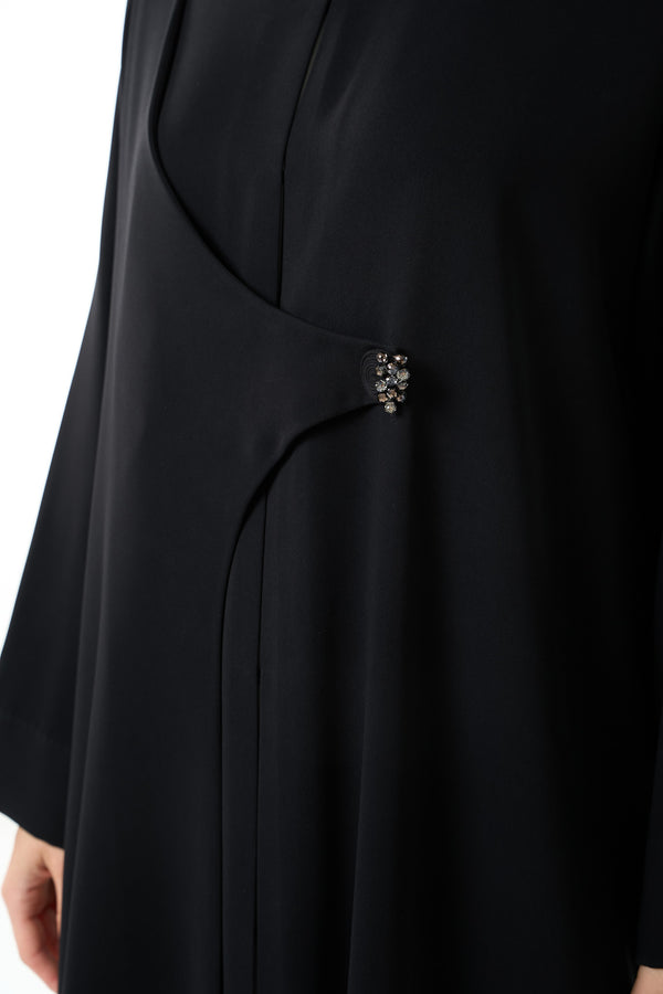 Black Farah Crepe Custom Abaya with Asymmetrical Closure