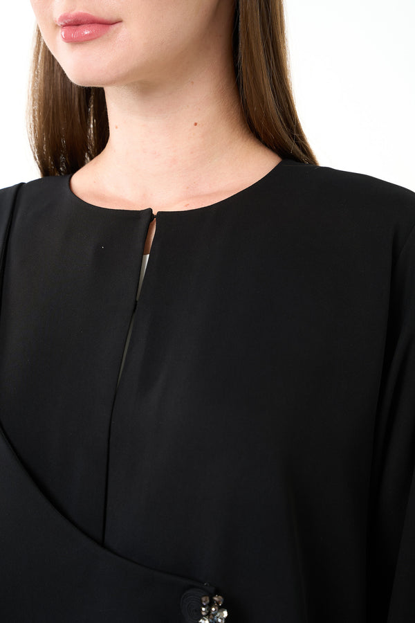 Black Farah Crepe Custom Abaya with Asymmetrical Closure