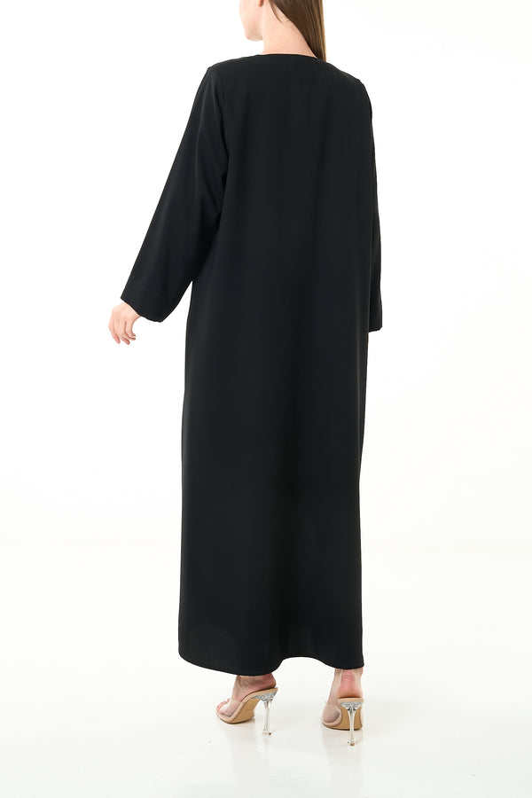 Black Farah Crepe Custom Abaya with Asymmetrical Closure