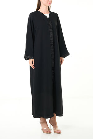 Black Layan Crepe Abaya with Organza Ruffle Detail - Posh Abaya