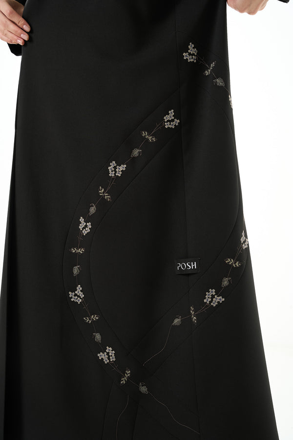Black Kadi Crepe Abaya with Pintuck Embroidery