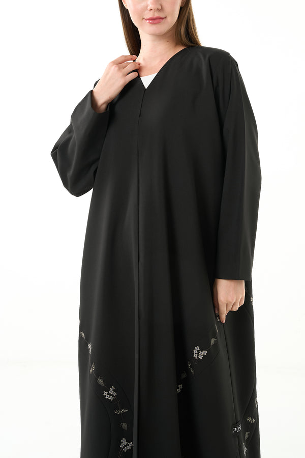Black Kadi Crepe Abaya with Pintuck Embroidery