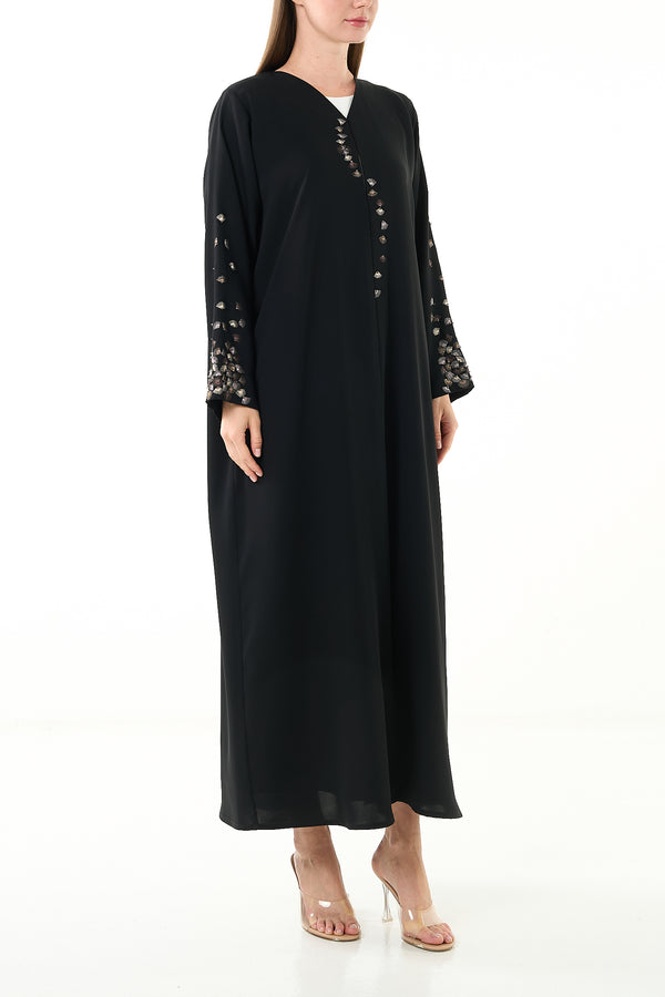 Black Farasha Crepe Abaya with Front and Sleeve Threadwork Detail