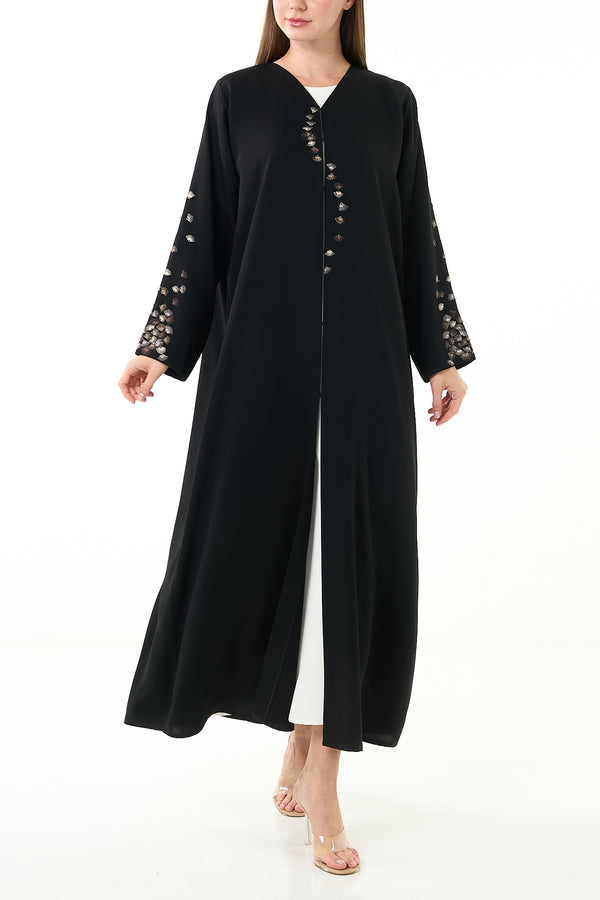 Black Farasha Crepe Abaya with Front and Sleeve Threadwork Detail