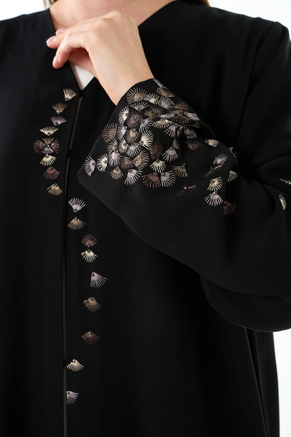 Black Farasha Crepe Abaya with Front and Sleeve Threadwork Detail