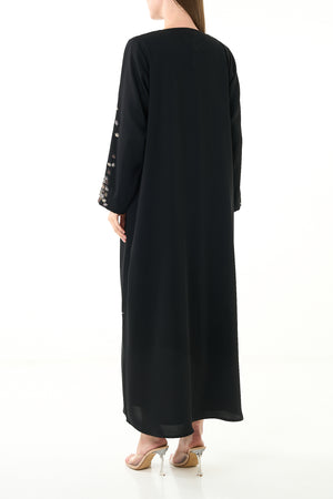 Black Farasha Crepe Abaya with Front and Sleeve Threadwork Detail