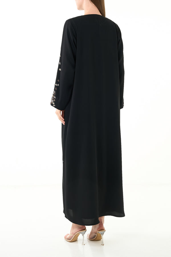 Black Farasha Crepe Abaya with Front and Sleeve Threadwork Detail