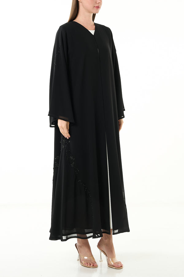 Black Malika Chiffon Custom Abaya with Layered Klosh Cut and Bead Embellished Panel