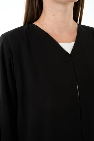 Black Malika Chiffon Custom Abaya with Layered Klosh Cut and Bead Embellished Panel