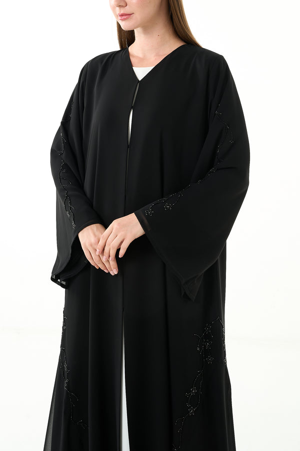 Black Malika Chiffon Custom Abaya with Layered Klosh Cut and Bead Embellished Panel