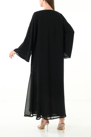 Black Malika Chiffon Custom Abaya with Layered Klosh Cut and Bead Embellished Panel