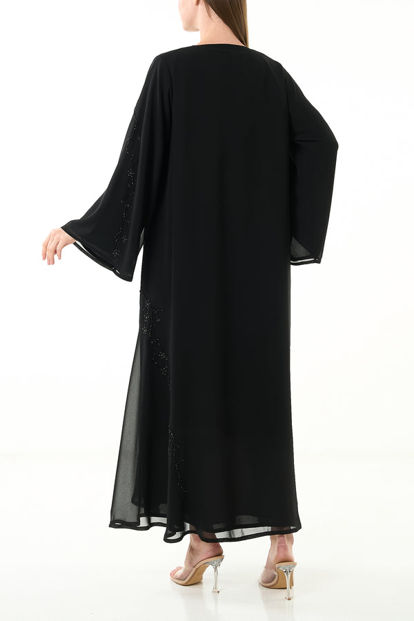 Black Malika Chiffon Custom Abaya with Layered Klosh Cut and Bead Embellished Panel