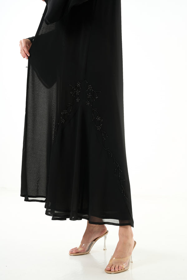 Black Malika Chiffon Custom Abaya with Layered Klosh Cut and Bead Embellished Panel