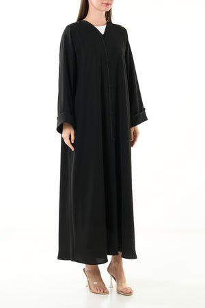 Black Aria Crepe Abaya with Front Dori Lace Detail