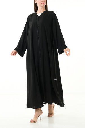 Black Aria Crepe Abaya with Front Dori Lace Detail