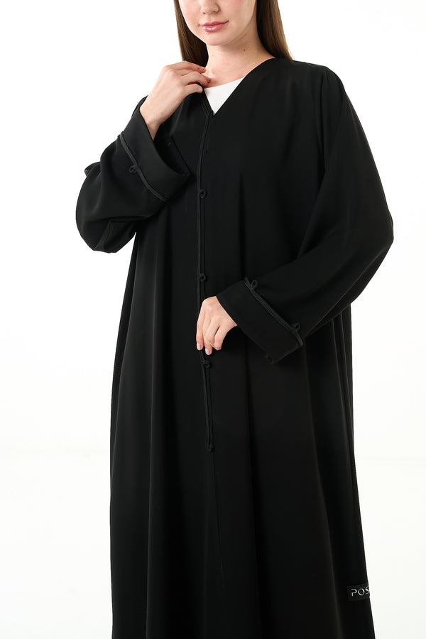 Black Aria Crepe Abaya with Front Dori Lace Detail