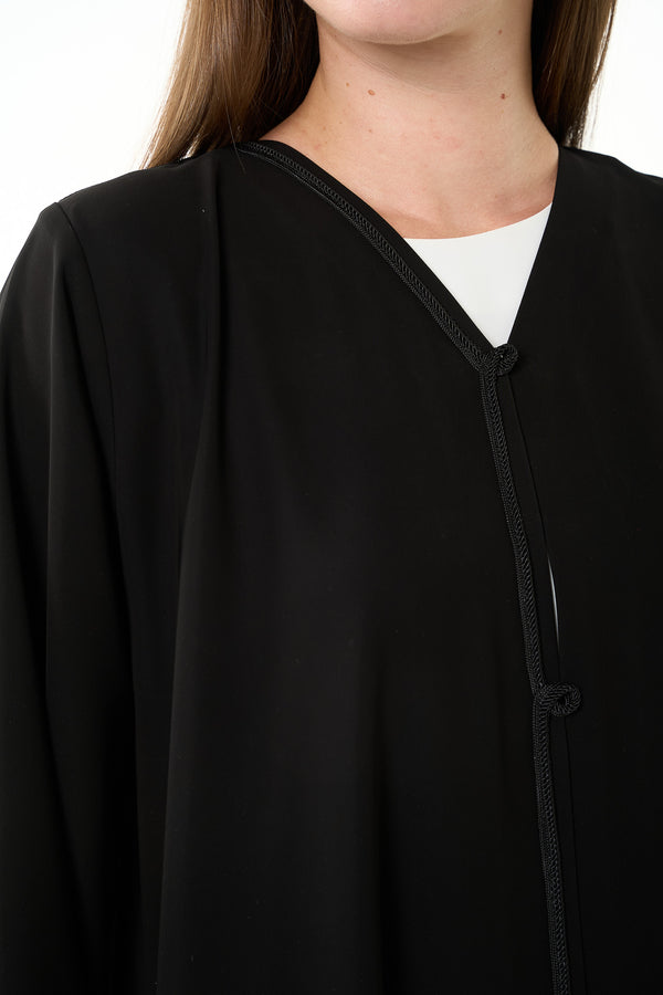 Black Aria Crepe Abaya with Front Dori Lace Detail