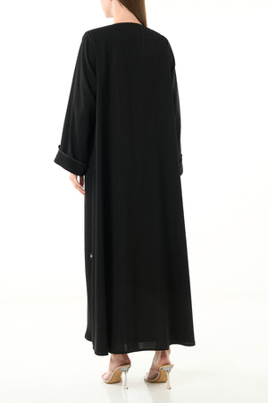 Black Aria Crepe Abaya with Front Dori Lace Detail