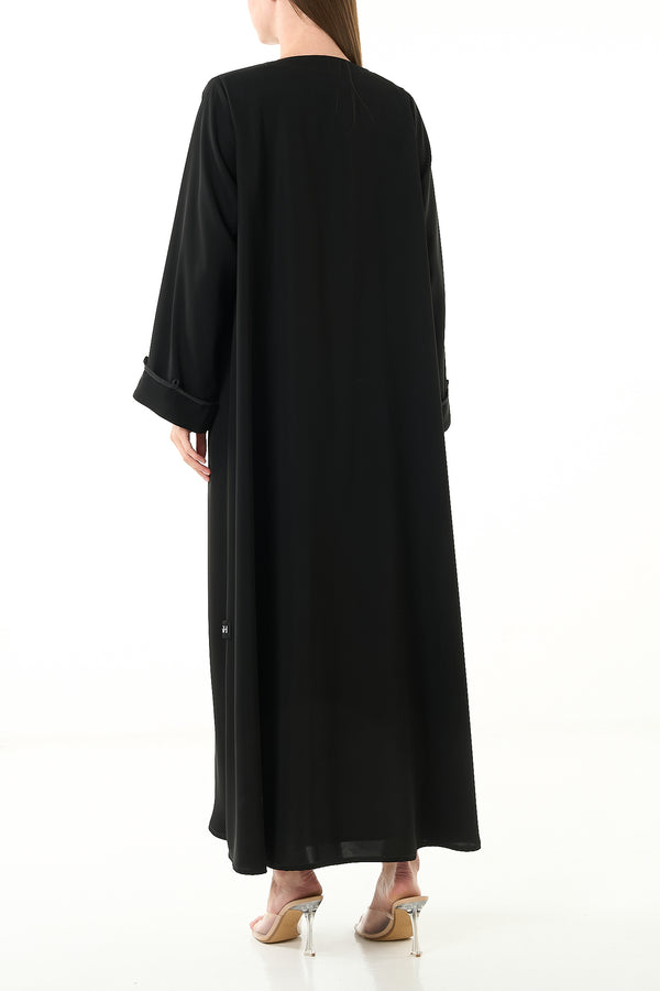 Black Aria Crepe Abaya with Front Dori Lace Detail