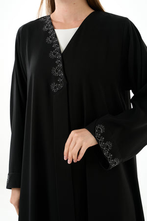 Black Luma Crepe Abaya with Klosh Cut and Embroidered Front Detail