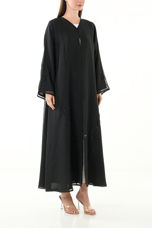 Black Sada Organza Custom Abaya with Klosh Cut and Silver Bead Embellishment