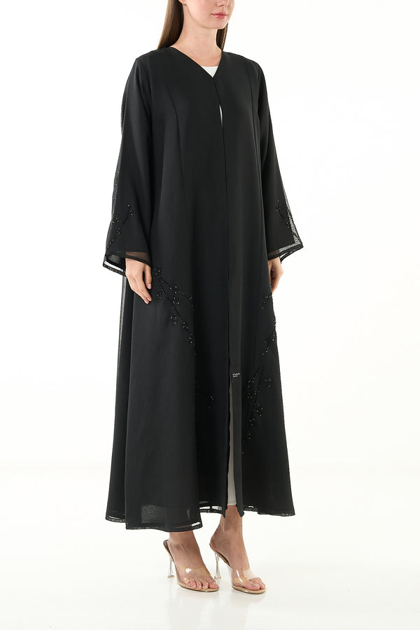 Black Sada Organza Custom Abaya with Klosh Cut and Silver Bead Embellishment