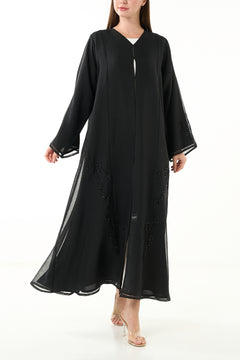 Black Sada Organza Custom Abaya with Klosh Cut and Silver Bead Embellishment