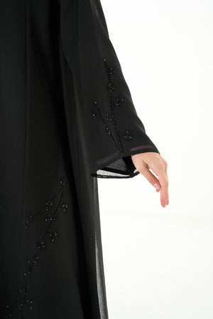 Black Sada Organza Custom Abaya with Klosh Cut and Silver Bead Embellishment