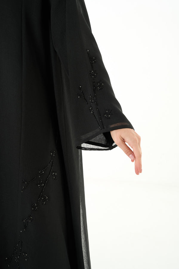 Black Sada Organza Custom Abaya with Klosh Cut and Silver Bead Embellishment
