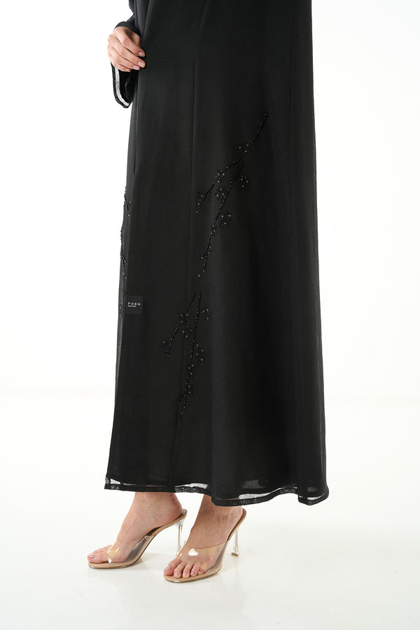 Black Sada Organza Custom Abaya with Klosh Cut and Silver Bead Embellishment