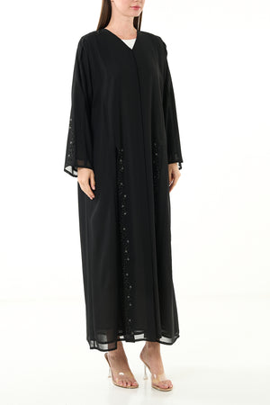 Black Khalifa Chiffon Custom Abaya with Front Star Design and Hand Beadwork