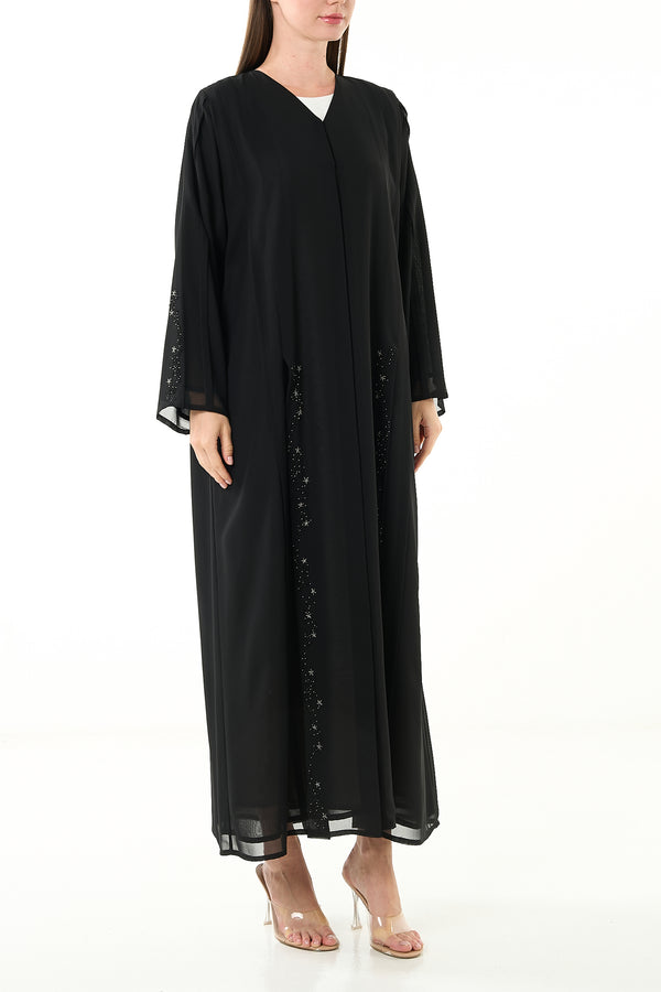 Black Khalifa Chiffon Custom Abaya with Front Star Design and Hand Beadwork