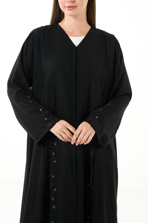 Black Khalifa Chiffon Custom Abaya with Front Star Design and Hand Beadwork