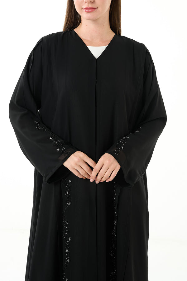 Black Khalifa Chiffon Custom Abaya with Front Star Design and Hand Beadwork