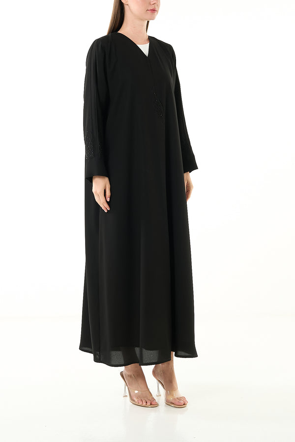 Black Claire Crepe Custom Abaya with Klosh Cut and Minimal Beadwork