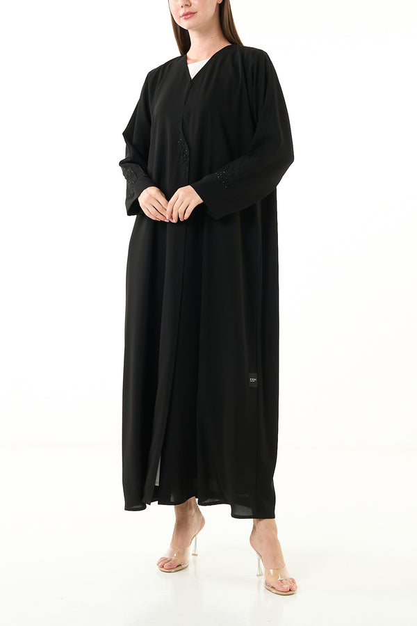 Black Claire Crepe Custom Abaya with Klosh Cut and Minimal Beadwork
